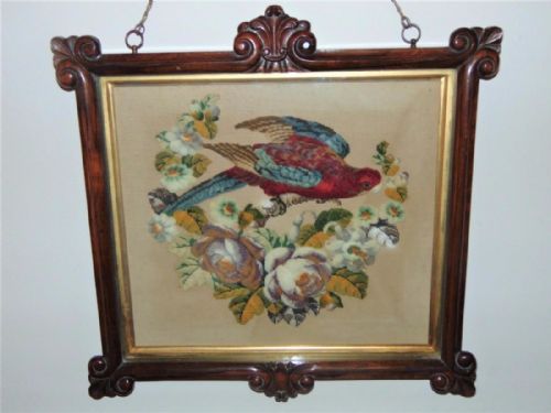 Rare 19th Century Tapestry Woolwork Parrot in Good Quality Rosewood Frame