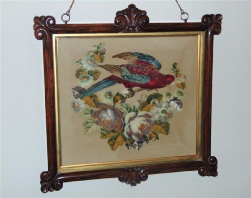 fig 1. Rare 19th Century Tapestry Woolwork Parrot in Good Quality Rosewood Frame