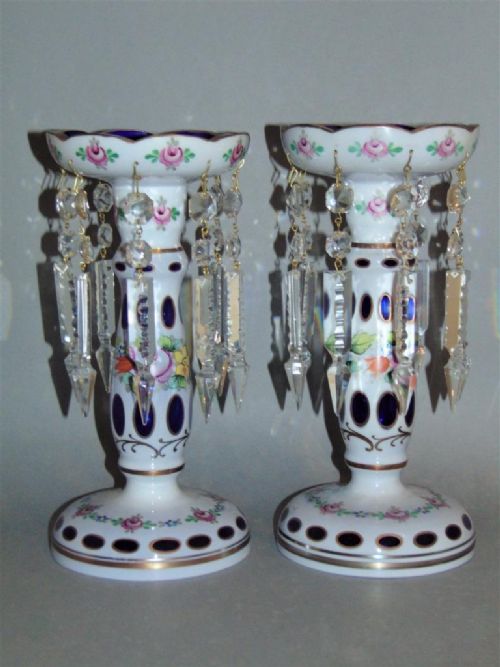 Stunning Pair of Victorian Crystal Lustres Overlay Glass