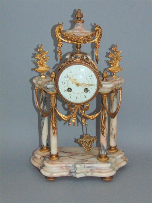 French Marble and Ormolu Portico Mantle Clock 19th Century