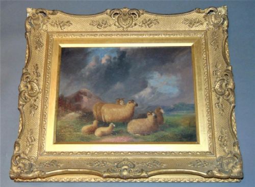 Sheep in a Stormy Landscape 19th C Oil on Canvas