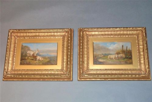 Pair of 19th C Oils on Board Goats & Sheep R. Benedict