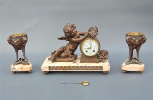 Victorian French Marble & Spelter Cherub Mantle Clock Garniture