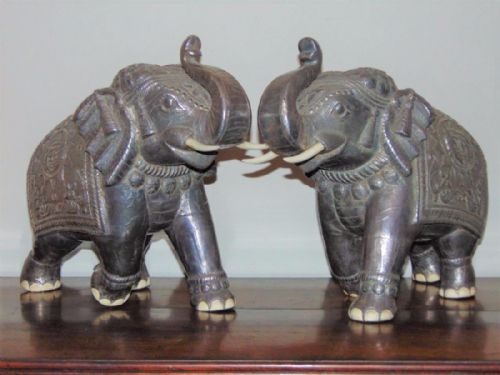 Fabulous Pair of Large Early 20th Century White Metal Indian Elephants