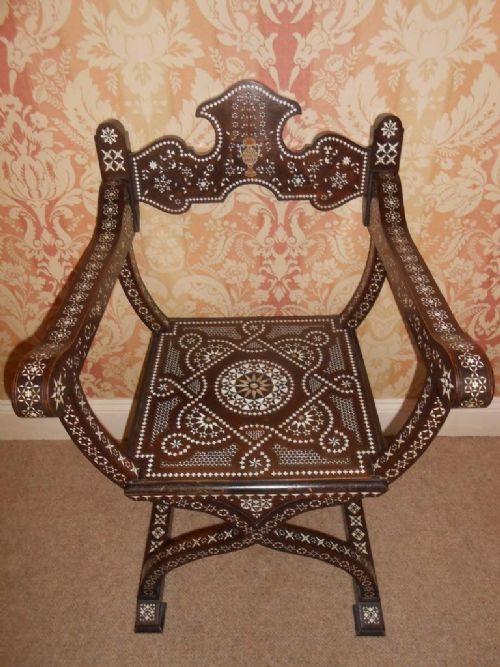 19th Century Italian Savonarola Mother of Pearl Inlaid Walnut Chair