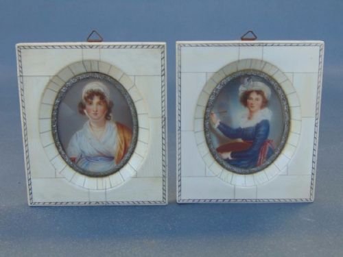 Pair of Early 20th Century Miniature Watercolour Portraits in Ivory Frame