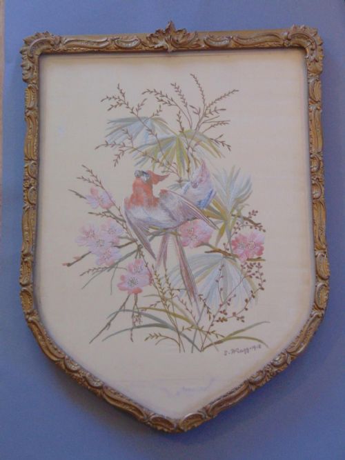Beautiful Antique Silkwork Panel Parakeets in Gilt Frame