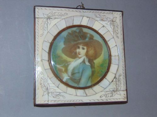 19th Century Miniature Watercolour Portrait on Ivory in Piano Key Frame