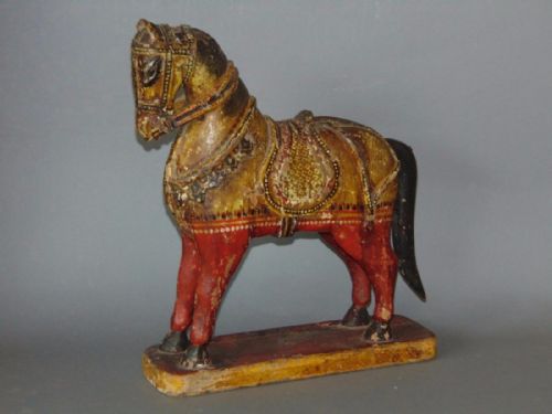 19th Century Folk Art Painted Wooden Polychrome Horse South American
