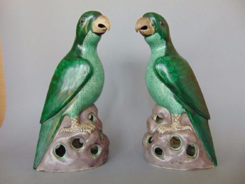 Pair of Beautiful 19th Century Chinese Famille Vert Parrots