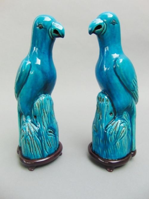 Pair of Chinese Blue Glaze Parrots 19th Century