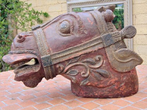 Painted Wooden Polychrome Indo-persian Horse Head 19th Century Vahana