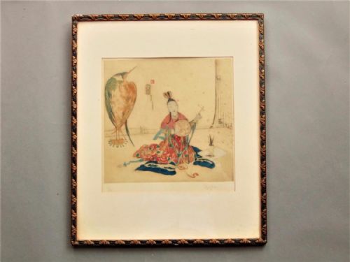 Signed Elyse Ashe Lord Coloured Etching Heron and Chinese Girl