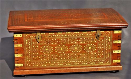 Fabulous Large Indo-persian Hard Wood Chest Brass Inlay Perfect Coffee Table