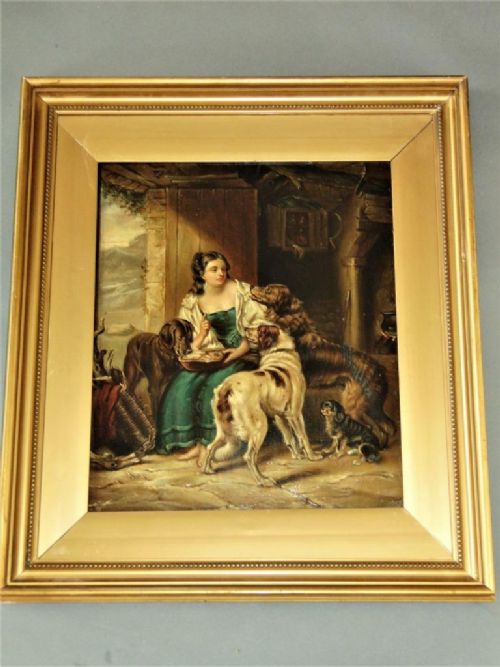 Oil Painting the Gamekeepers Daughter & Setters 19th Century