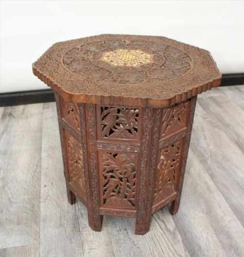 Antique Moorish Table Folding Occasional Carved Hardwood Bone Inlay Islamic