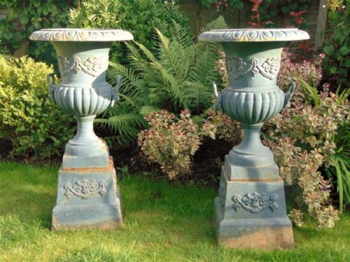 Large Pair of 19th Century Cast Iron Campana Garden Urns on Stands