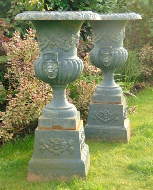 fig 1. Large Pair of 19th Century Cast Iron Campana Garden Urns on Stands