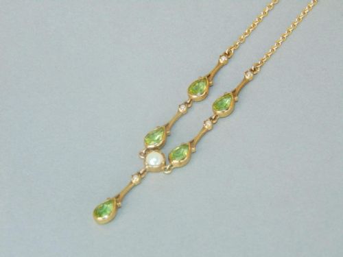 Peridot & Seed Pearl Necklace 9ct Gold Art Nouveau