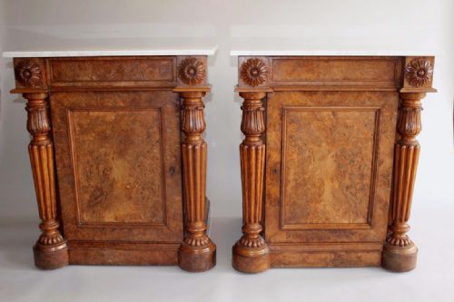 Impressive Pair of Antique Gillows Walnut & Marble Cabinets
