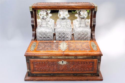 Victorian/edwardian Carved Oak Games Tantalus with Three Decanters