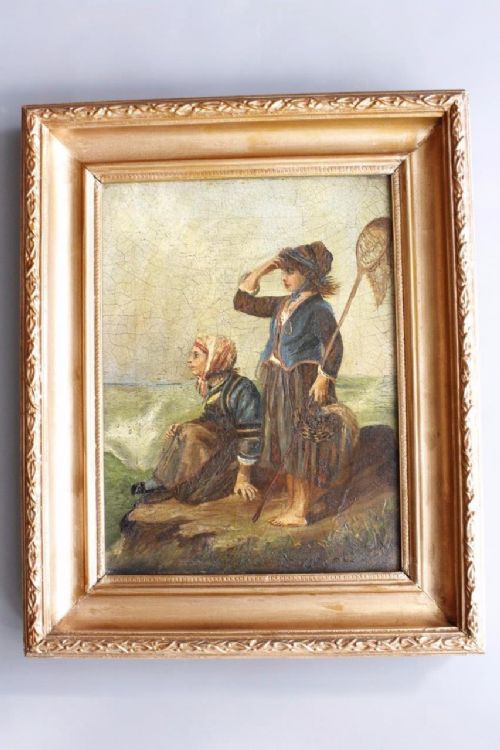 Charming 19th Century Oil on Canvas Children Looking Out to Sea