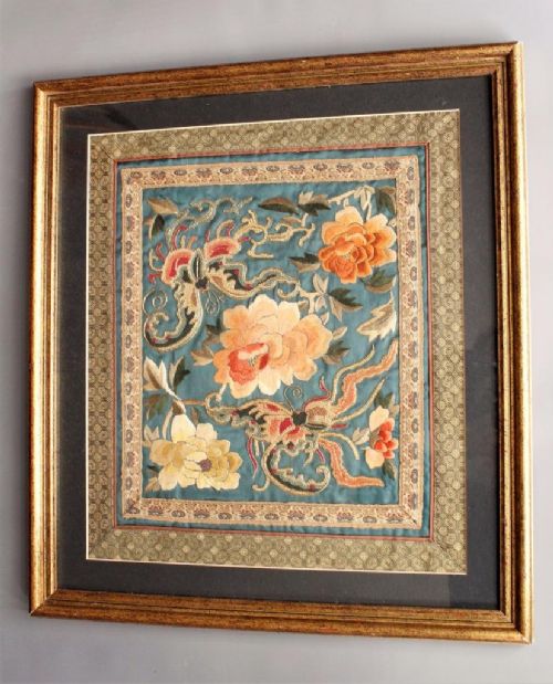 Chinese Silkwork Panel Butterfies and Blossom Framed