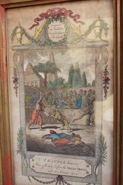 fig 1. Hand Coloured Engraving Indian Moghul Tiger Baiting 18th Century
