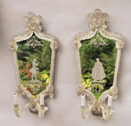 Rare Pair of Pretty Antique Venetian Girandole Mirrors