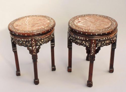 Pair of Antique Chinese Hardwood & Marble Tables / Stands Mother of Pearl Inlaid