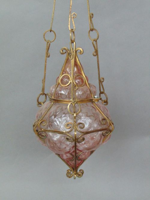 Vintage Gilt Metal & Pink Glass Hanging Light