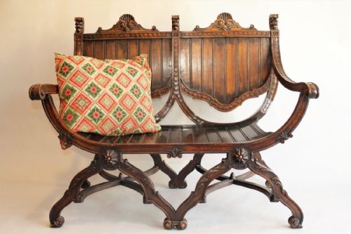 Antique Victorian Savonarola Hall Bench / Sofa