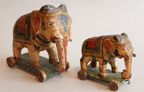 Antique Indian Painted Elephants Toys Folk Art