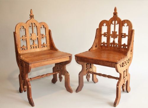 Pair of Victorian Gothic Oak Side / Hall Chairs