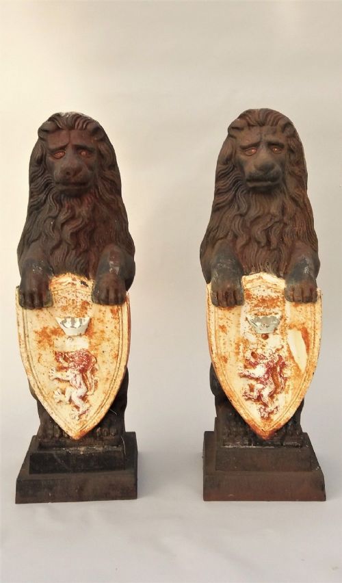 Good Pair of Painted Cast Iron Lions Sejant