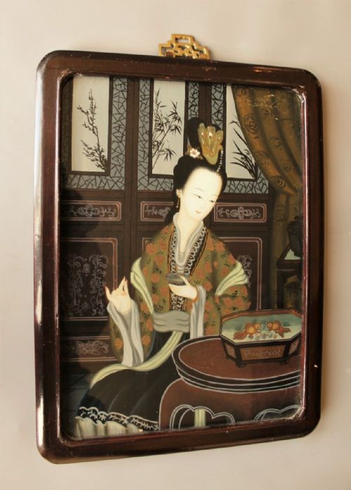 Antique Chinese Painting on Glass Girl with Koi Fish