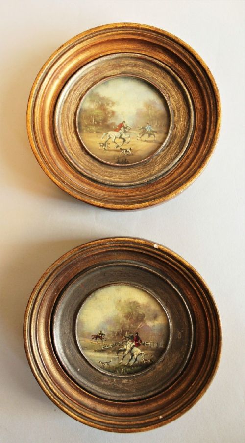 Pair of Oil Painting Miniatures Hunting Scenes