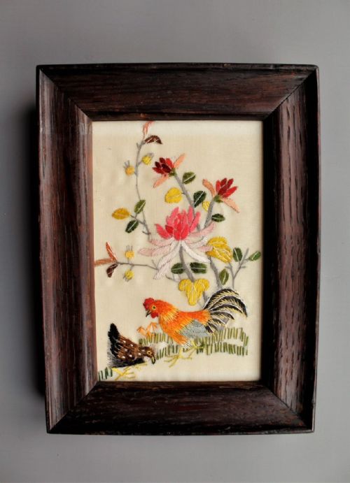 Antique Chinese Silk Embroidery Chickens