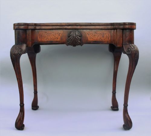 18th Century Walnut Inlaid Card Table with Leather Interior