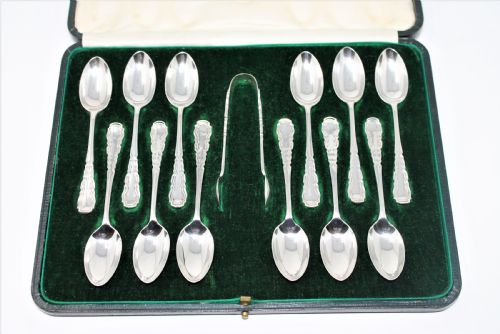 Quality Set of Boxed Silver Coffee Spoons and Tongs, Mappin & Webb 1921