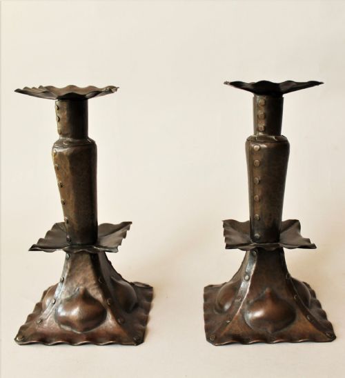Pair of Arts and Crafts Copper Candlesticks