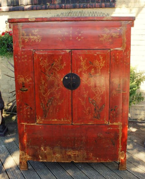 Chinese Red Lacquer Elm Marriage Cabinet 19th Century