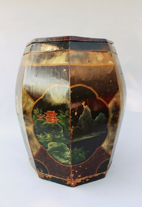 Chinese Lacquered Wooden Barrell Stool
