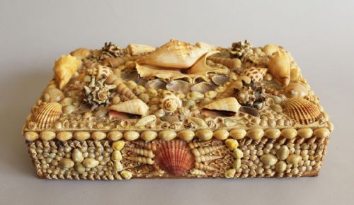 Good Large Antique Shell Box Folk Art