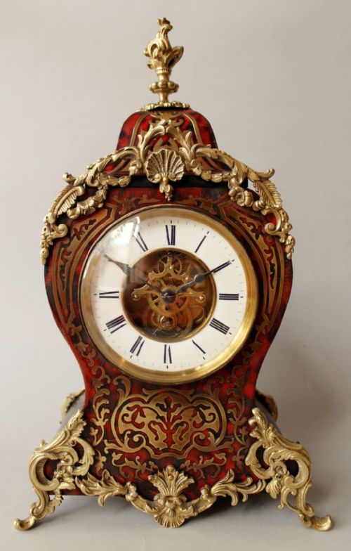 19th Century French Red Boulle & Brass Inlaid Mantel Clock