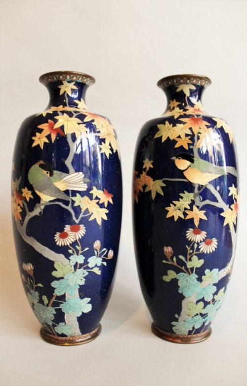 Antique Pair Japanese Cloisonne Vases Meiji