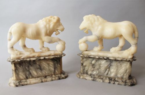 Pair of Antique Marble & Alabaster Medici Lions