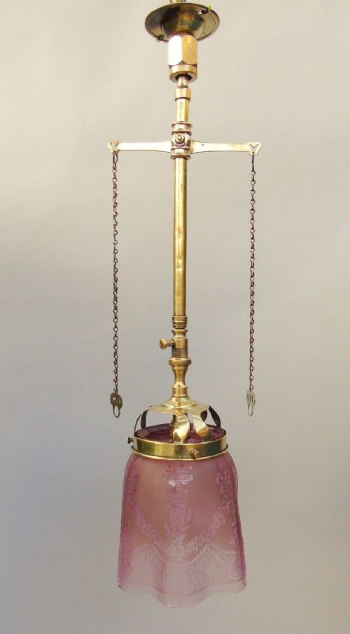 Victorian Brass Gasolier Chandelier Cranberry Glass Shade