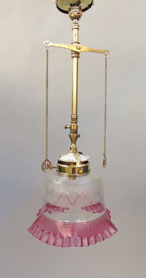 Victorian Brass Gasolier Chandelier Large Cranberry Glass Shade