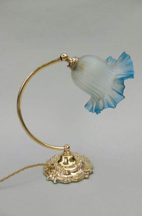 Pretty Antique Brass Desk / Table Lamp Blue Crimped Glass Shade